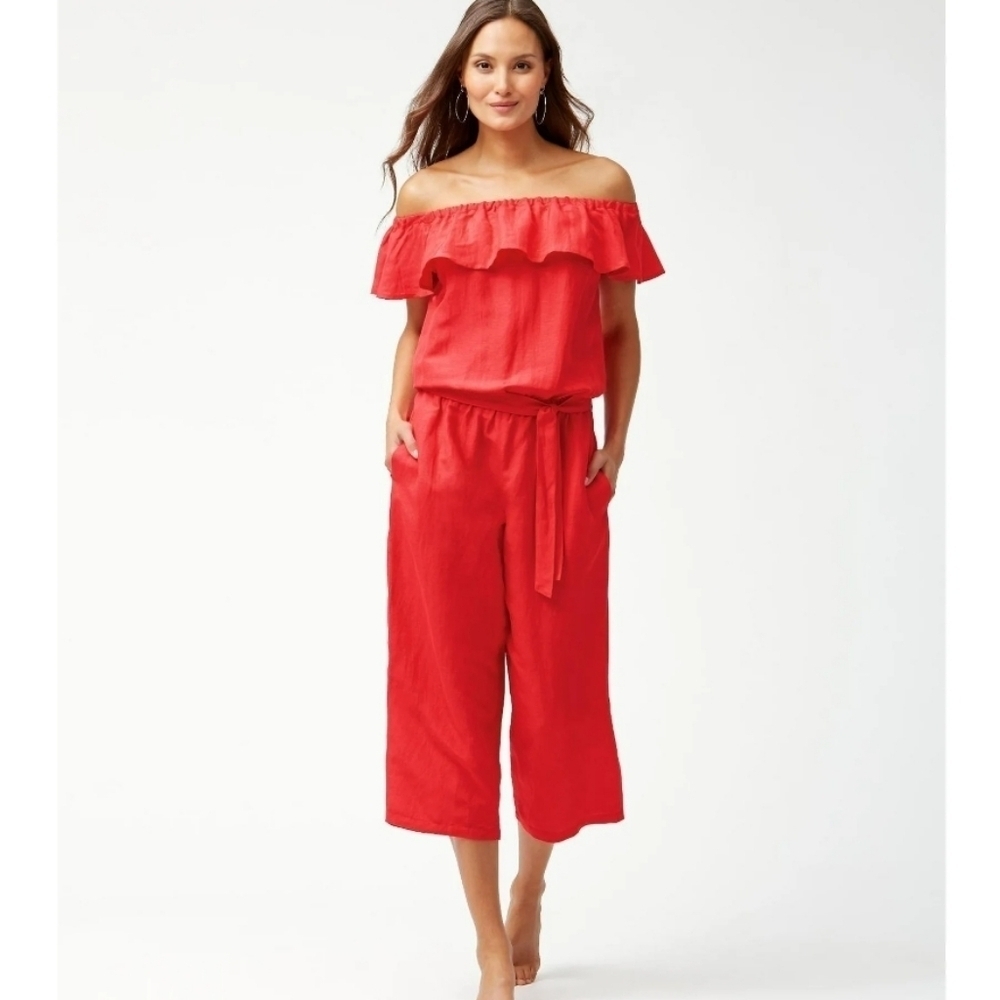 Tommy Bahama Linen Dye Off-The-Shoulder Cropped Jumpsuit